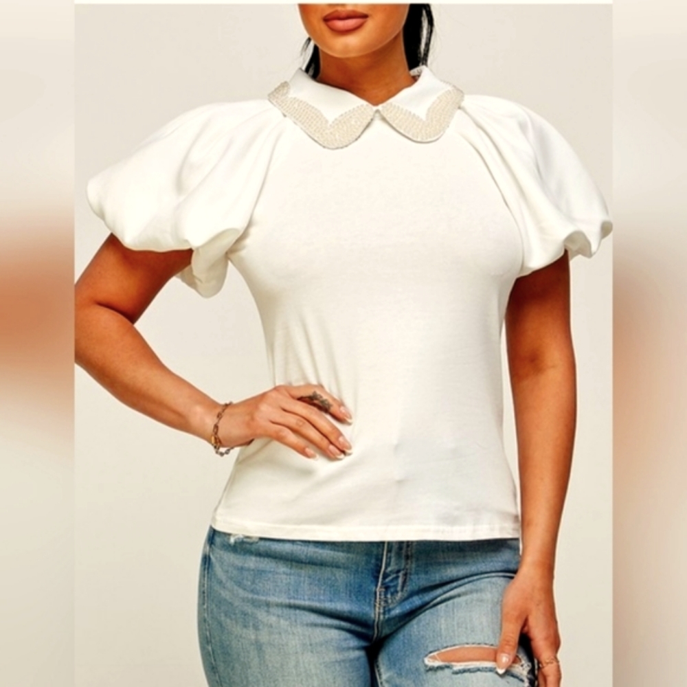 White Pearl Collared Top